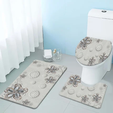 3-Piece Floral Bath Mat Set - Soft Flannel Non-Slip Bath