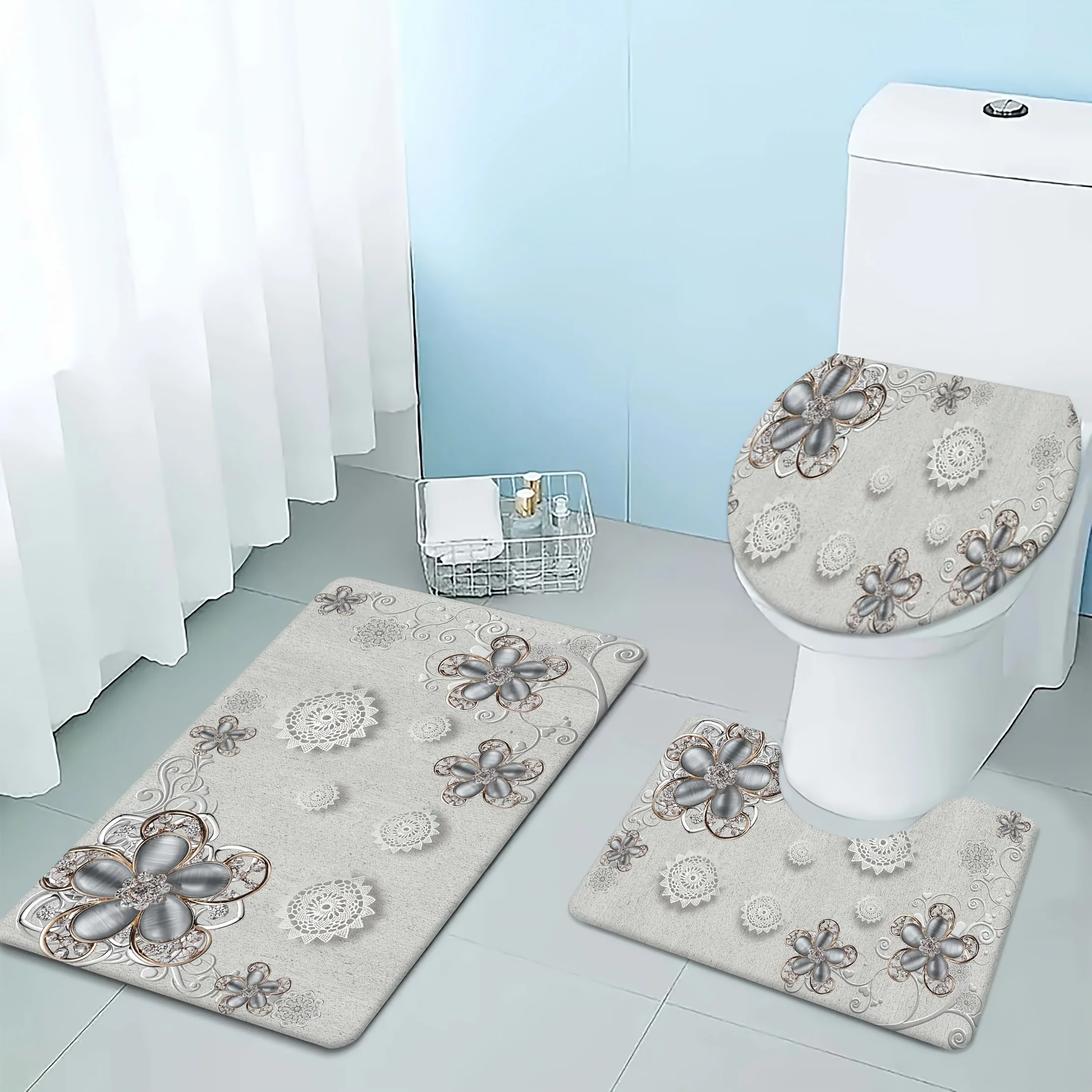kf-S0ae7db26491745fdbaa8f3bf74f7ebf0A 3-Piece Floral Bath Mat Set - Soft Flannel Non-Slip Bath - Image 1