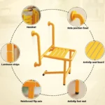 Folding Shower Seat Wall Mounted with Grab Bar, Stainless Steel Fold Down - Image 3