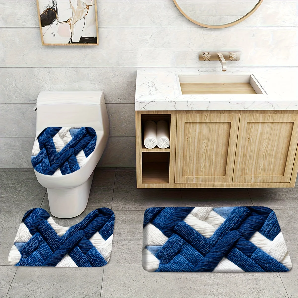 kf-S21234a34bdc04711851dfa37e3d3db30G 3pcs Blue Geometric Bath Mat Set - Non-Slip Flannel Rug - Image 1