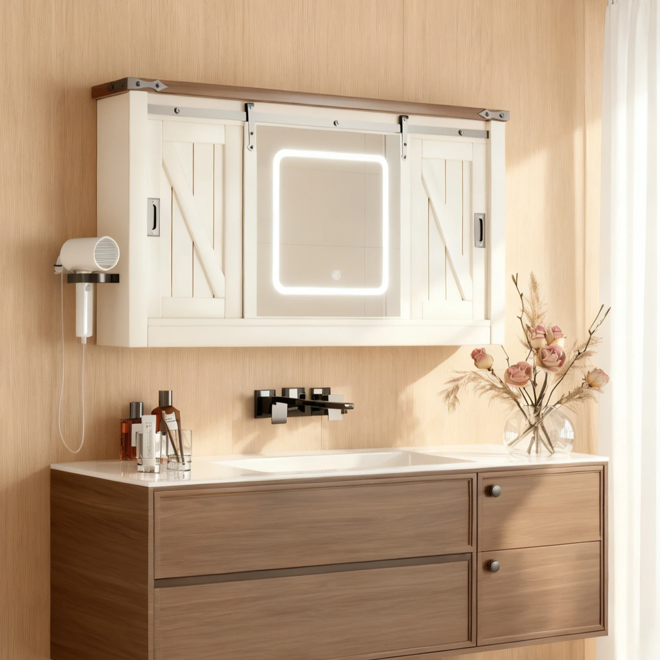 kf-S24201bcd85314e5fa07da32da19a17f3S Bathroom Cabinet Mirror Storage Sliding Door 3-color Light Adjustment - Image 1