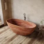 1.8m Red Travertine Bathtub, Thin-Rim Oval Soaking Tub for Two
