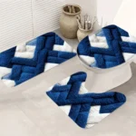 3pcs ​​Blue Geometric Bath Mat Set - Non-Slip Flannel Rug - Image 5
