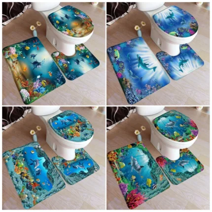 Cartoon Dolphin Bath Mat Set Blue