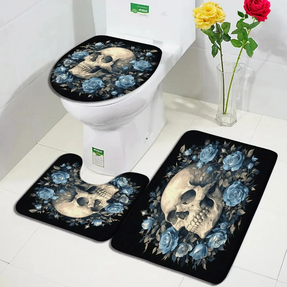 kf-S90e26522df1443c98752cdc1081ddb4eX Blue Floral Bath Set Skeleton Halloween Black Carpet Bathroom - Image 1
