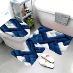 3pcs ​​Blue Geometric Bath Mat Set - Non-Slip Flannel Rug - Image 3
