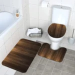 3pcs Realistic Dark Brown Wood Grain Bath Rug with Geometric Wood Plank - Image 2