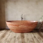 1.8m Red Travertine Bathtub, Thin-Rim Oval Soaking Tub for Two - Image 2