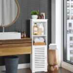 White multifunctional bathroom storage cabinet with 1 door and 3 shelves