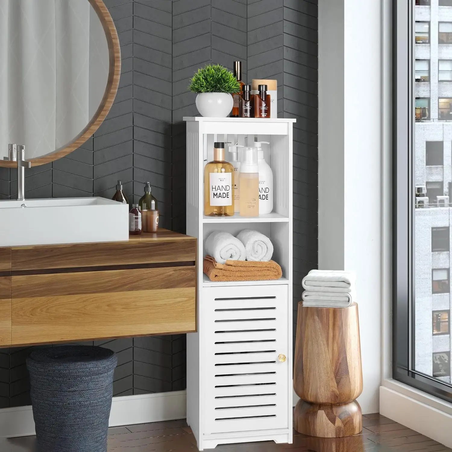 kf-Sb66023143e194a09ade422f2e0138df6o White multifunctional bathroom storage cabinet with 1 door and 3 shelves - Image 1