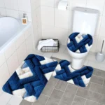 3pcs ​​Blue Geometric Bath Mat Set - Non-Slip Flannel Rug - Image 4