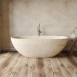 1.8m Red Travertine Bathtub, Thin-Rim Oval Soaking Tub for Two - Image 4
