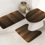 3pcs Realistic Dark Brown Wood Grain Bath Rug with Geometric Wood Plank - Image 3