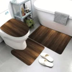 3pcs Realistic Dark Brown Wood Grain Bath Rug with Geometric Wood Plank