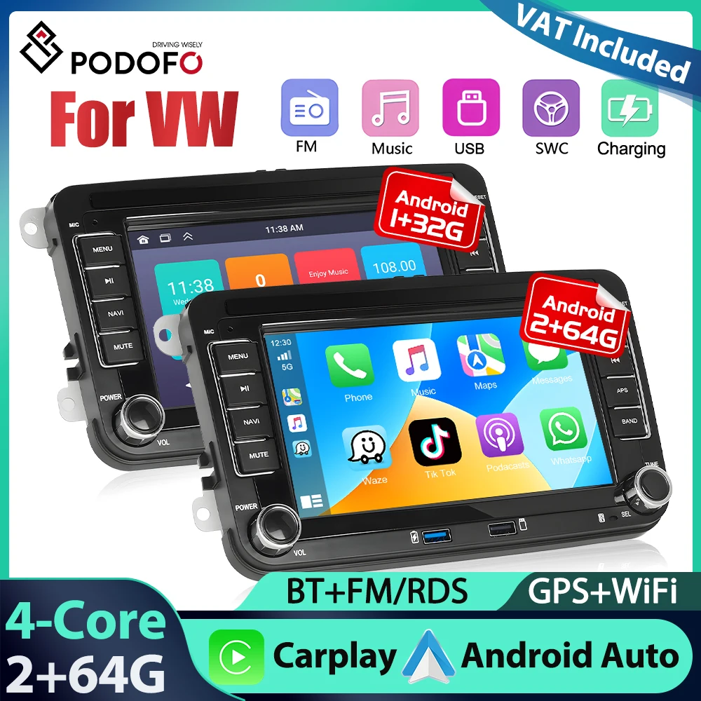 kf-Sacbc63cea37e43b28943c2054e2b57b5R Podofo 2Din 2+64G Car Radio For VW/PASSAT/GOLF/POLO Multimedia Player WIFI Carplay Android Auto GPS Navigation 7inch Car Audio - Image 1