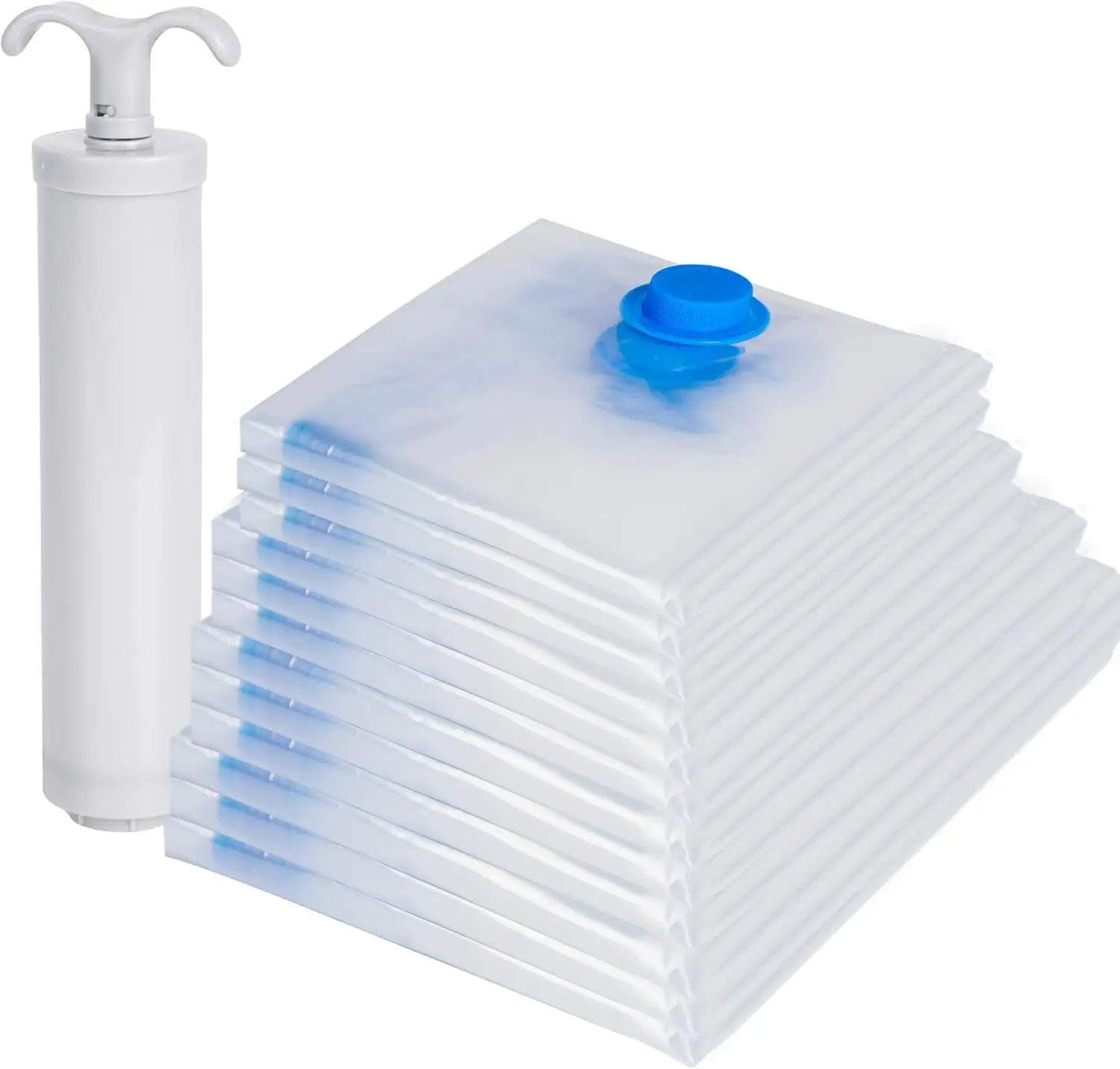 kf-A53118b65f08545e6a2300451f5411289X 12 Pack Vacuum Compression Storage Bags: 3 Small, 3 Medium, 3 Large, and 3 Extra Large. Reusable Vacuum Storage Bags for Travel with Hand Pump for Clothes, Blankets, Comforters, Bed Sheets, and Pillows - Image 1